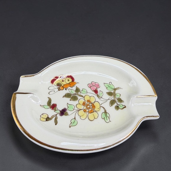 Other - Zsolnay Hungary Hand Painted Porcelain Ashtray Floral Butterfly Gold Trim 4x3